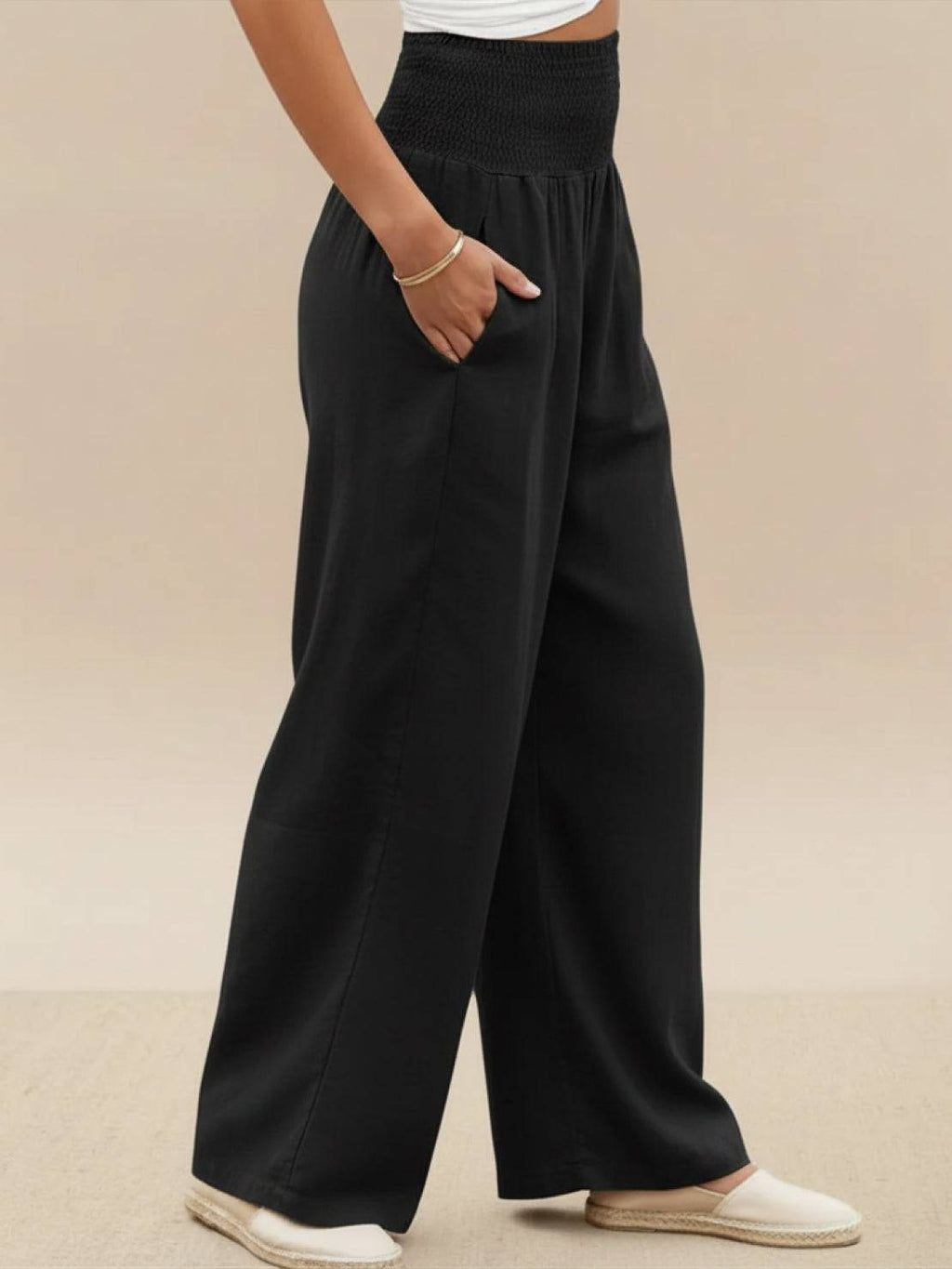 Petra Smocked Palazzo Pants | Women's High-Waist Wide-Leg Trousers