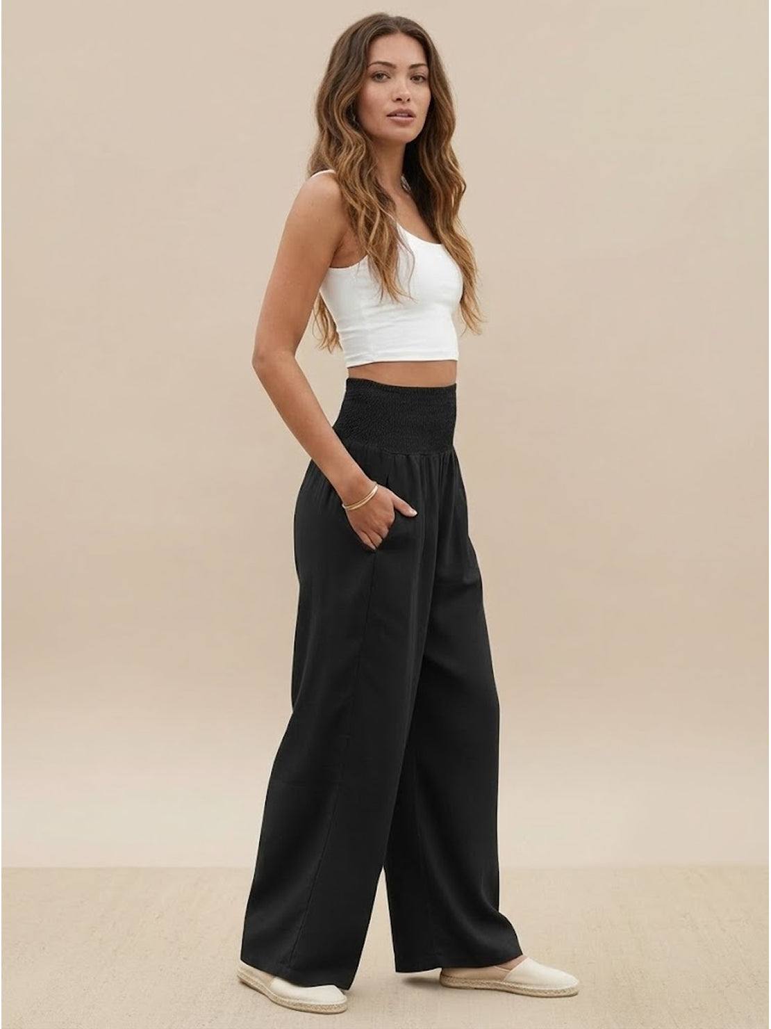 Petra Smocked Palazzo Pants | Women's High-Waist Wide-Leg Trousers