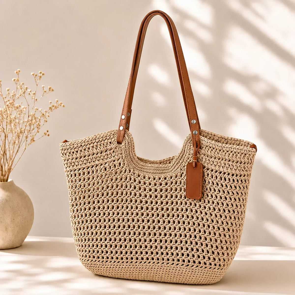 Oona open-weave shoulder tote bag with tan straps