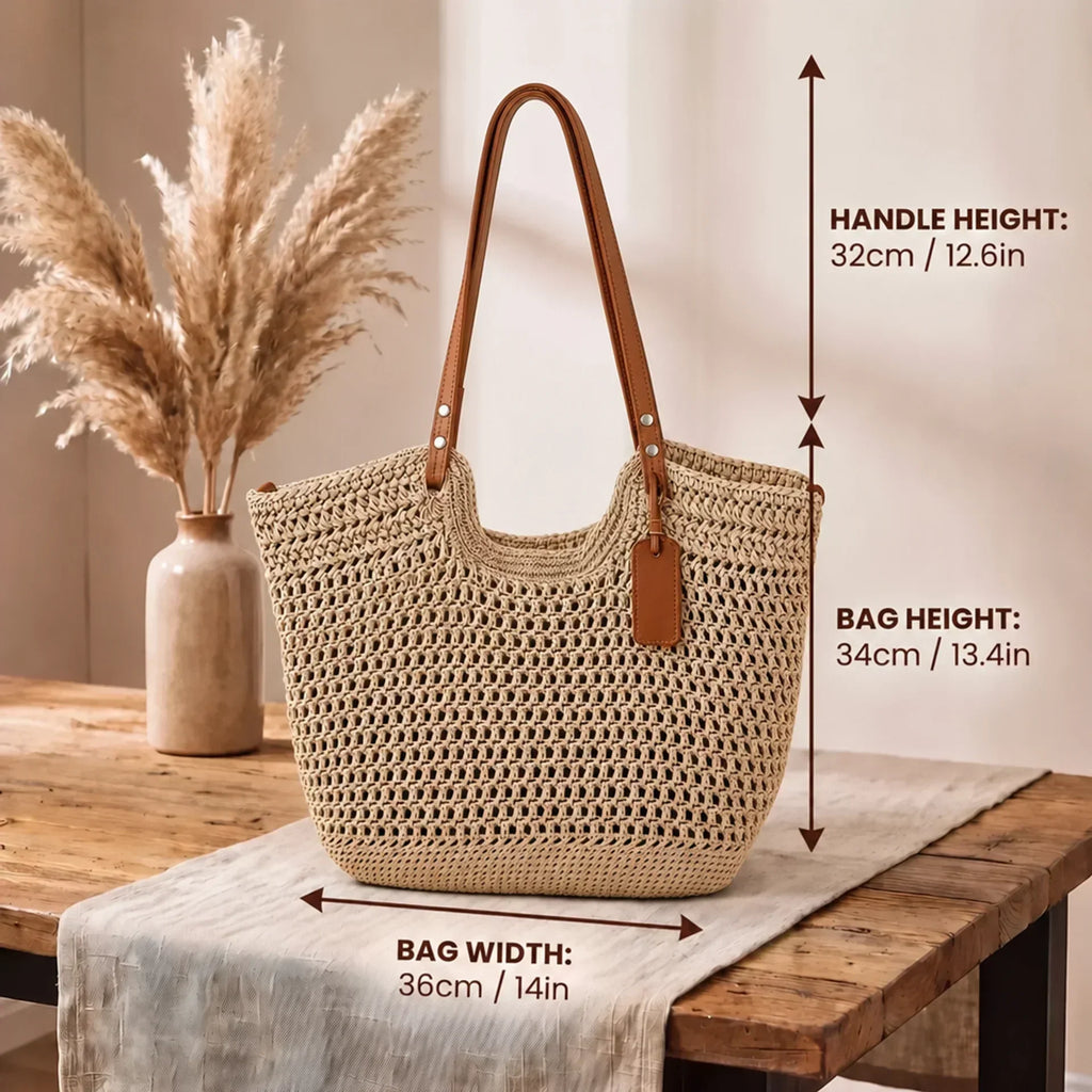 Oona open-weave shoulder tote bag with tan straps