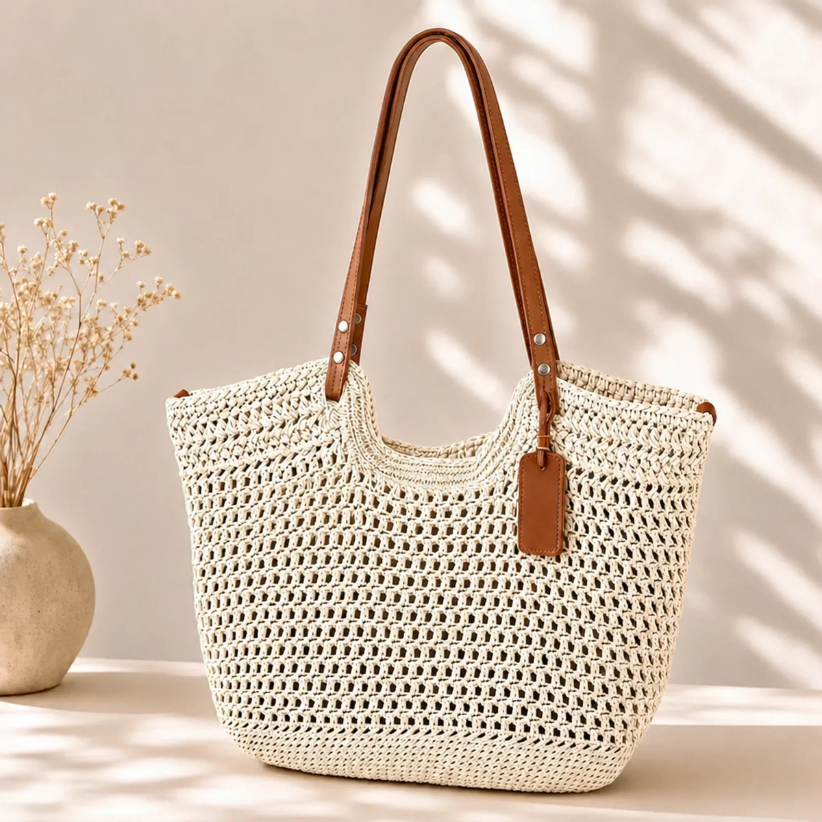 Oona open-weave shoulder tote bag with tan straps