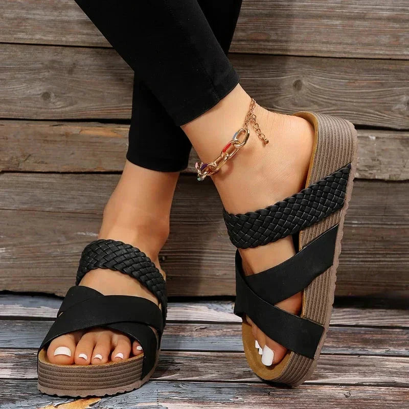 Darcey Woven Cross-Strap Sandals | Women's Cushioned Wedge Sandals
