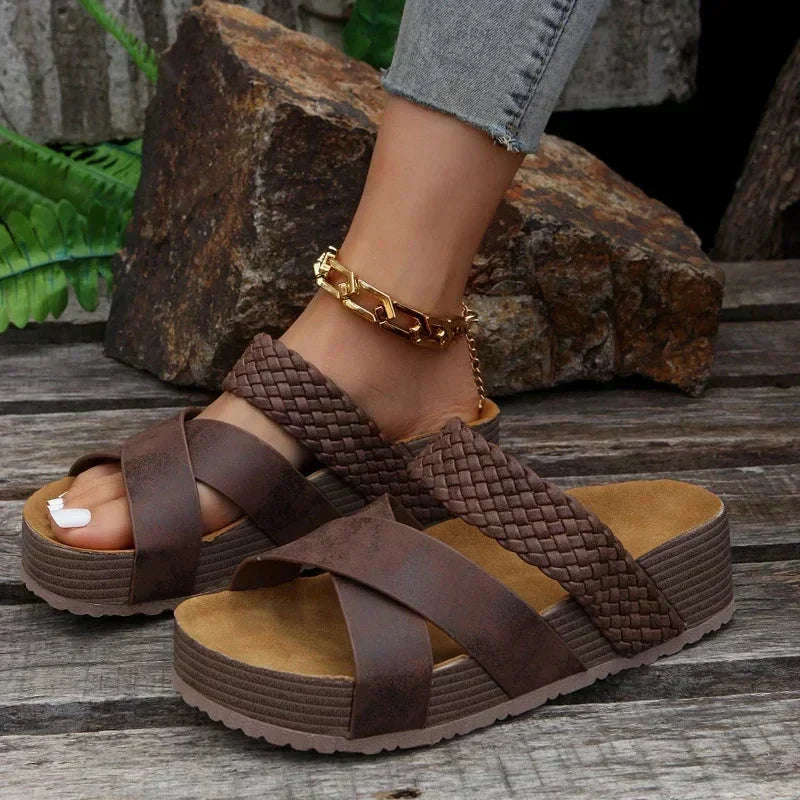 Darcey Woven Cross-Strap Sandals | Women's Cushioned Wedge Sandals