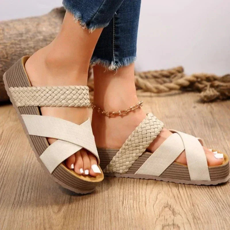 Darcey Woven Cross-Strap Sandals | Women's Cushioned Wedge Sandals