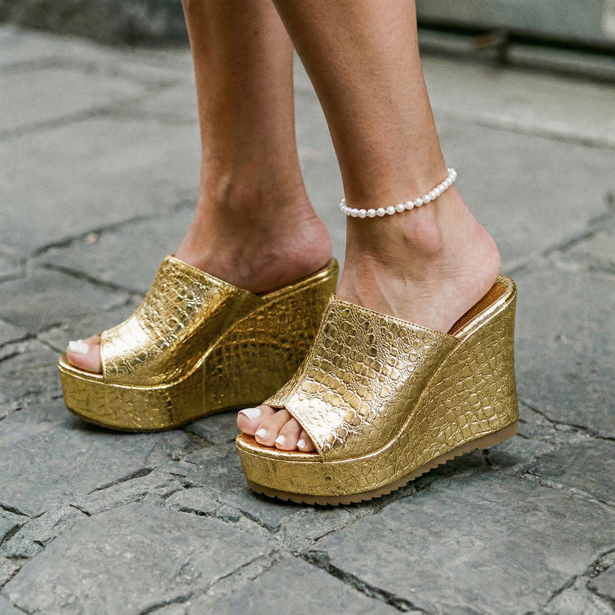 Nicolette Metallic Platform Wedge Sandals | Women's Peep-Toe Sandals