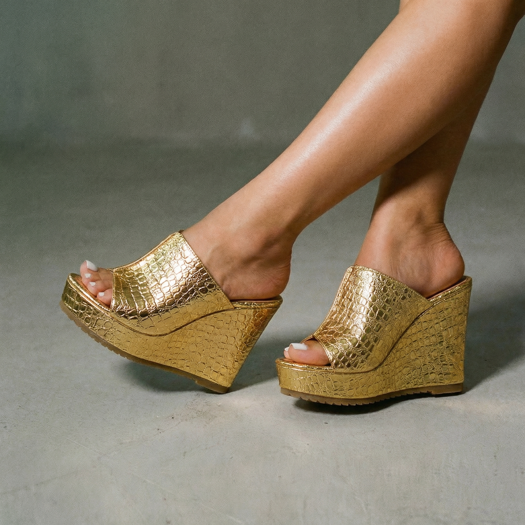 Nicolette Metallic Platform Wedge Sandals | Women's Peep-Toe Sandals