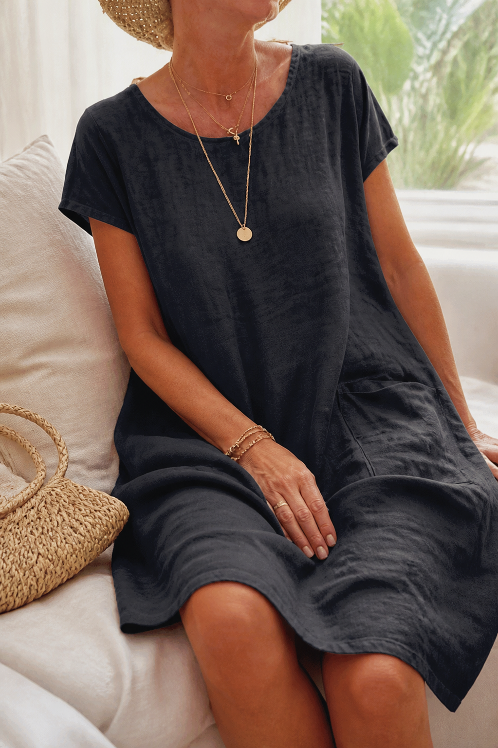 Sienna Linen Midi Dress | Women's Short-Sleeve Summer Shift