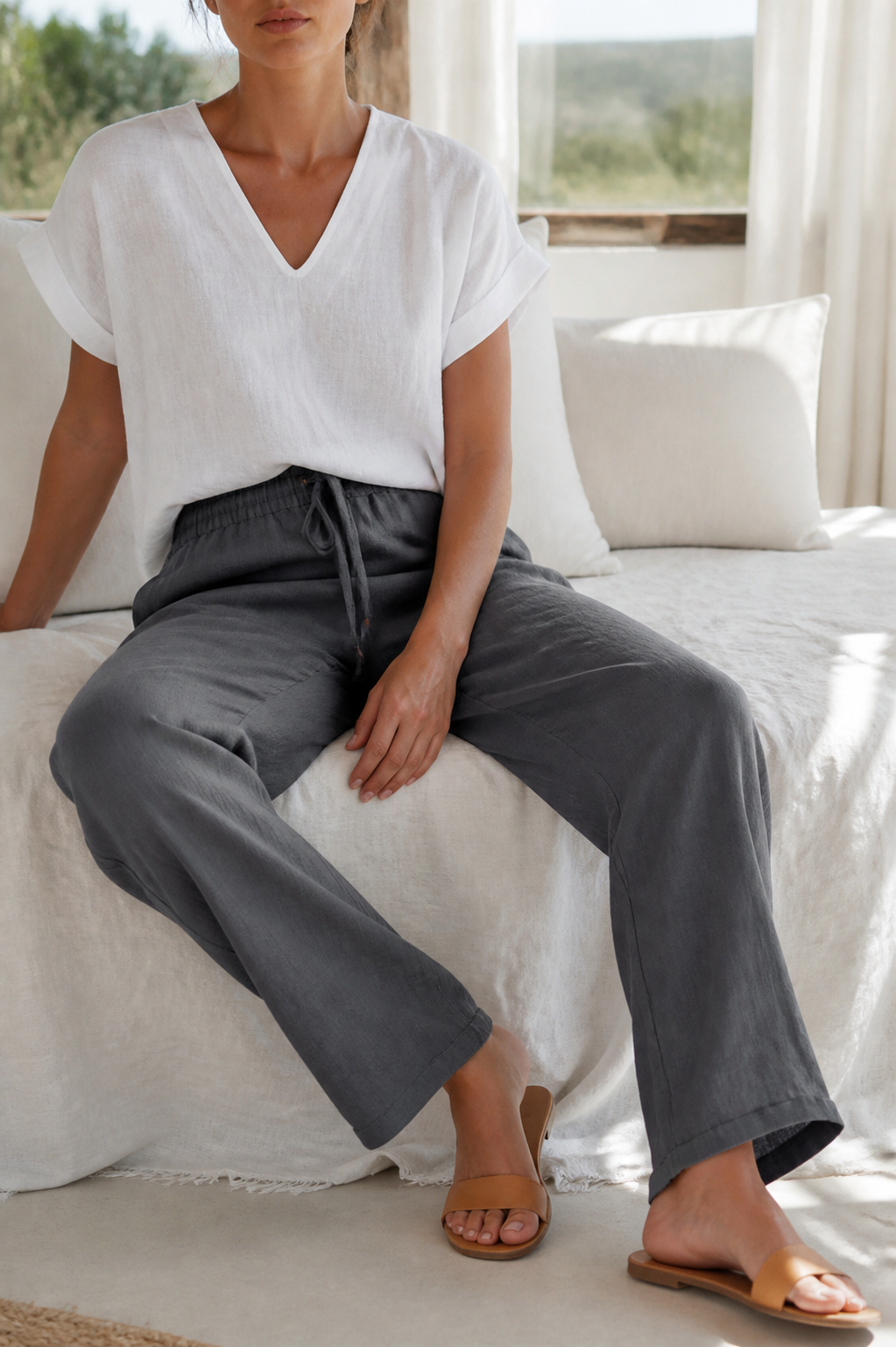 Della Drawstring Wide-Leg Pants | Women's Relaxed Linen Trousers