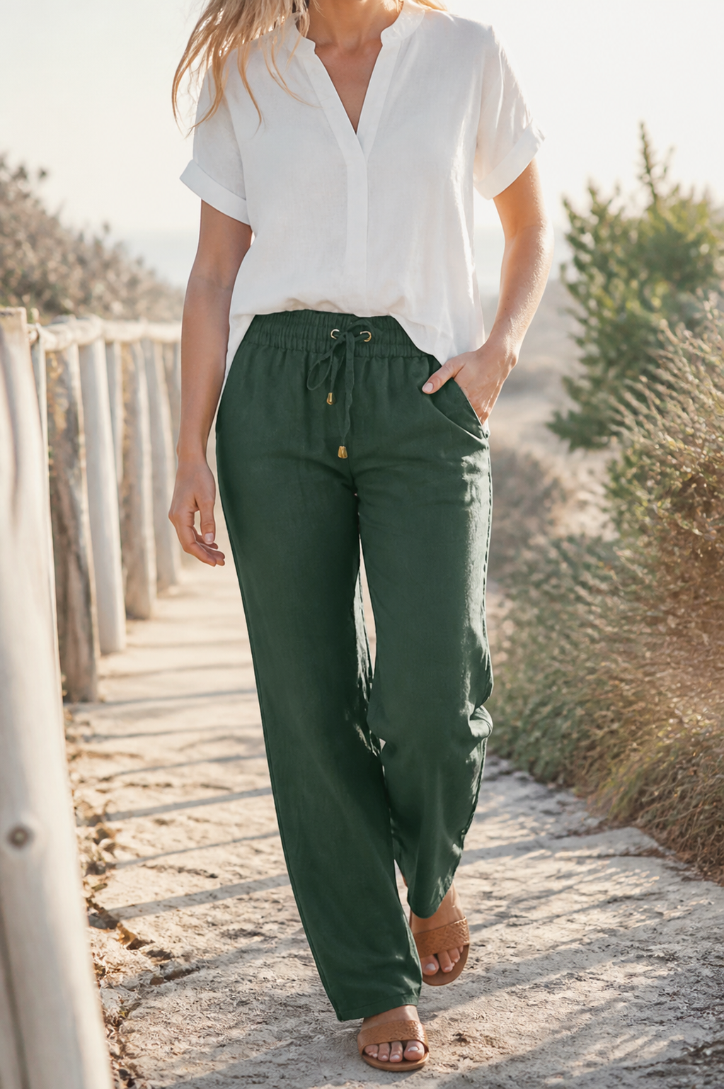 Della Drawstring Wide-Leg Pants | Women's Relaxed Linen Trousers