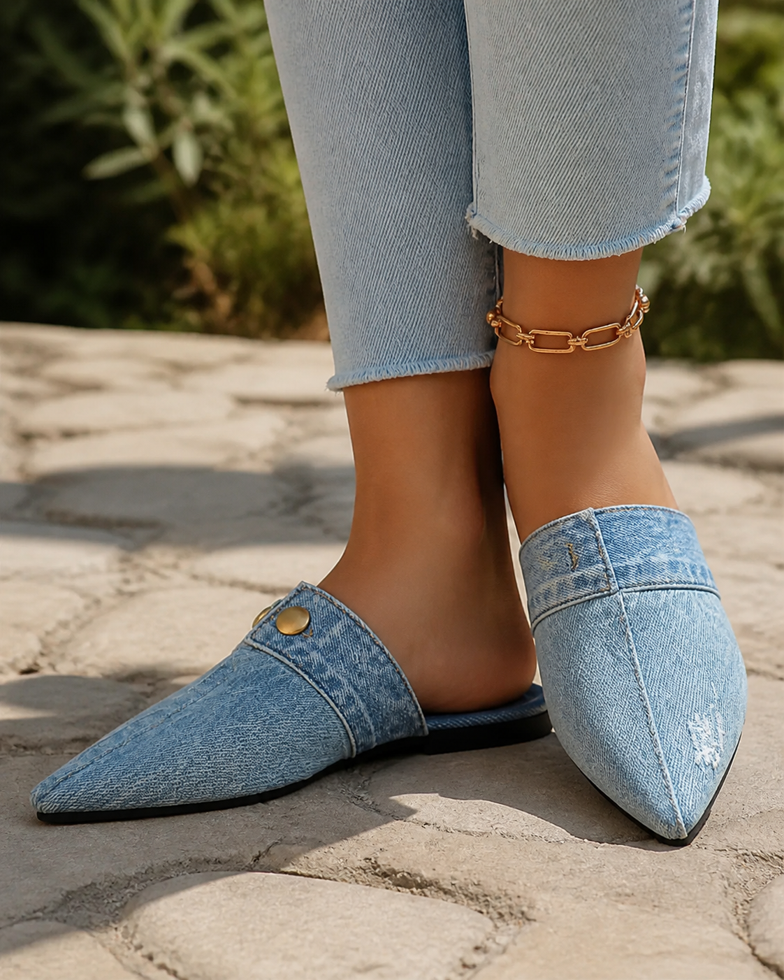 Demi Denim Mule Slides | Women's Pointed-Toe Flat Slides