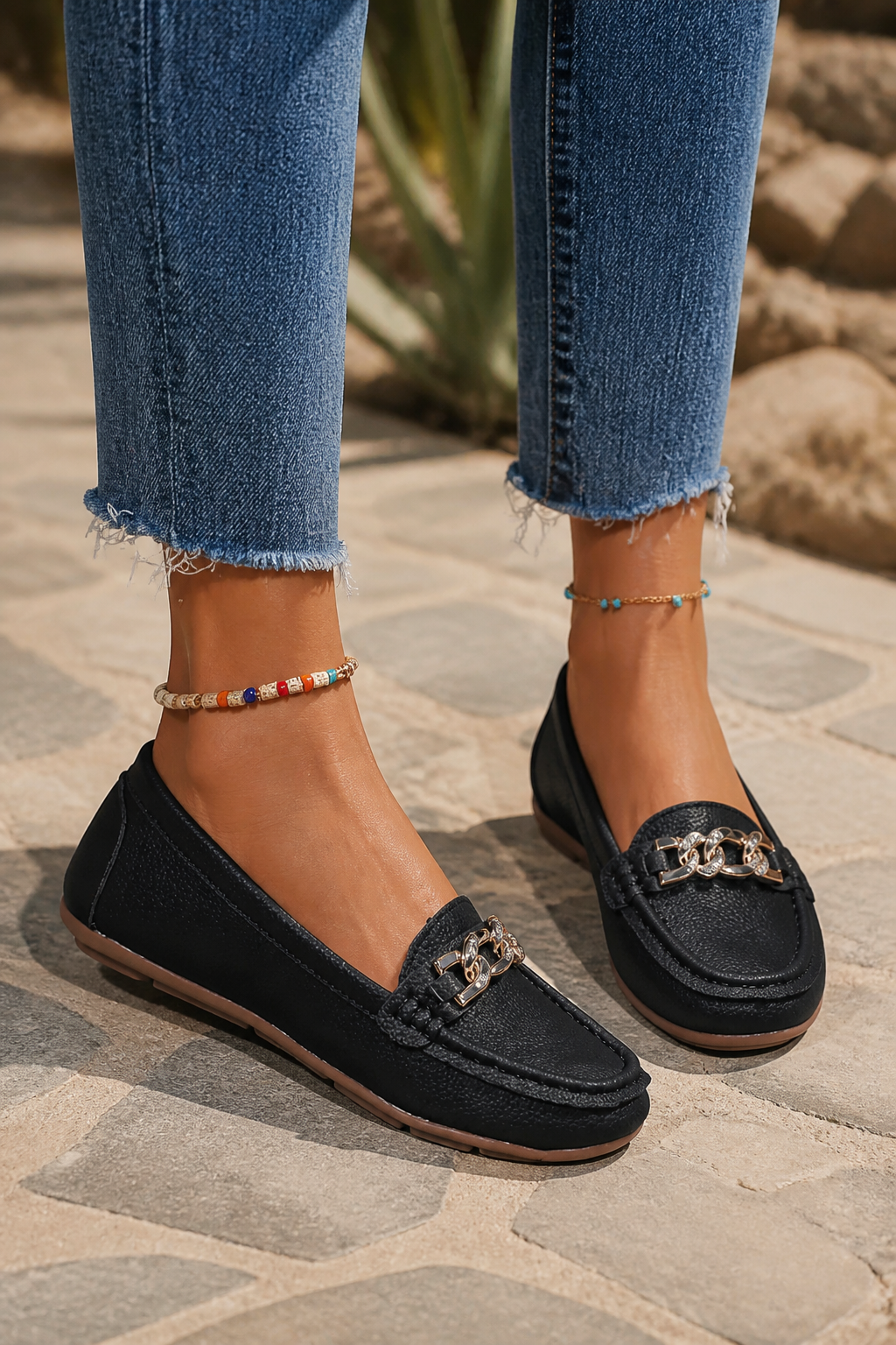 Luna Gold-Chain Loafers | Women's Round-Toe Slip-On Flats