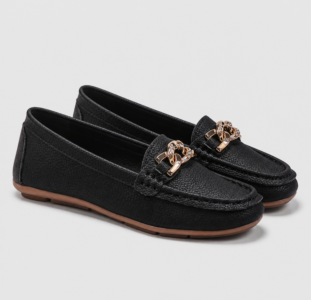 Luna Gold-Chain Loafers | Women's Round-Toe Slip-On Flats
