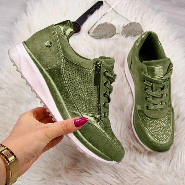 Sparkle Rhinestone Zip Trainers | Women's Metallic Lace-Up Sneakers
