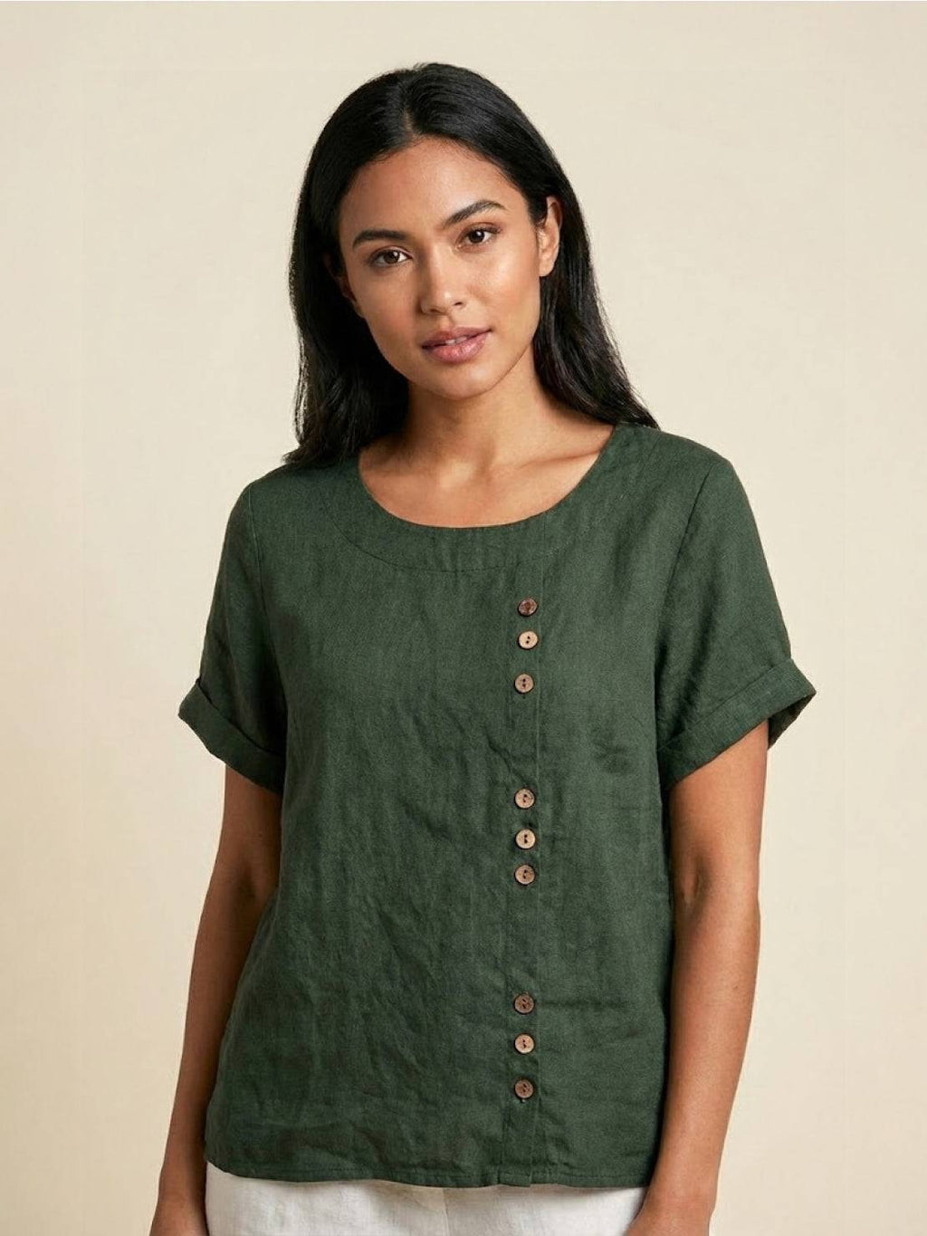 Olive Scoop-Neck Tee | Women's Short-Sleeve Button Top