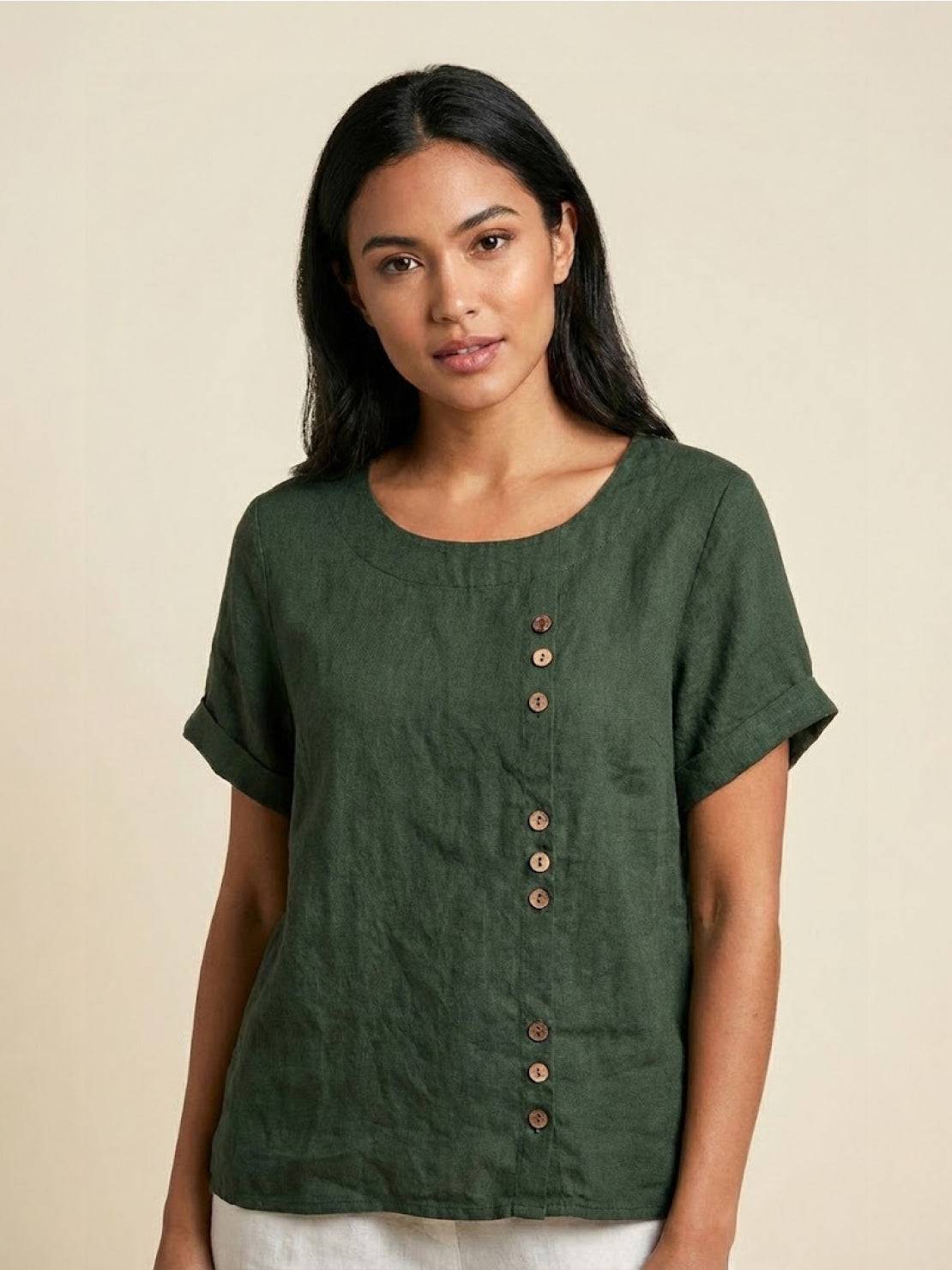 Olive Scoop-Neck Tee | Women's Short-Sleeve Button Top