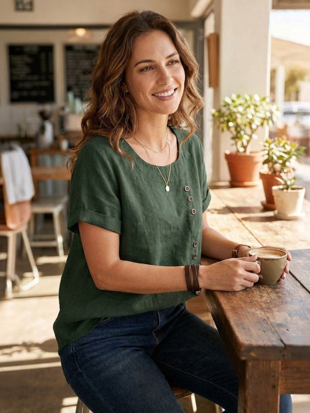 Olive Scoop-Neck Tee | Women's Short-Sleeve Button Top