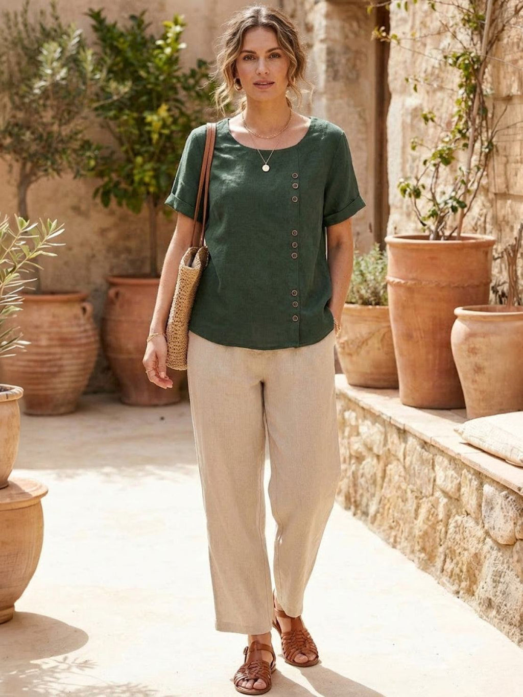 Olive Scoop-Neck Tee | Women's Short-Sleeve Button Top
