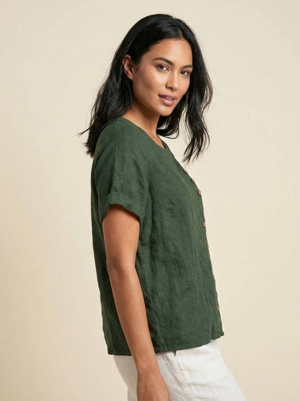 Olive Scoop-Neck Tee | Women's Short-Sleeve Button Top