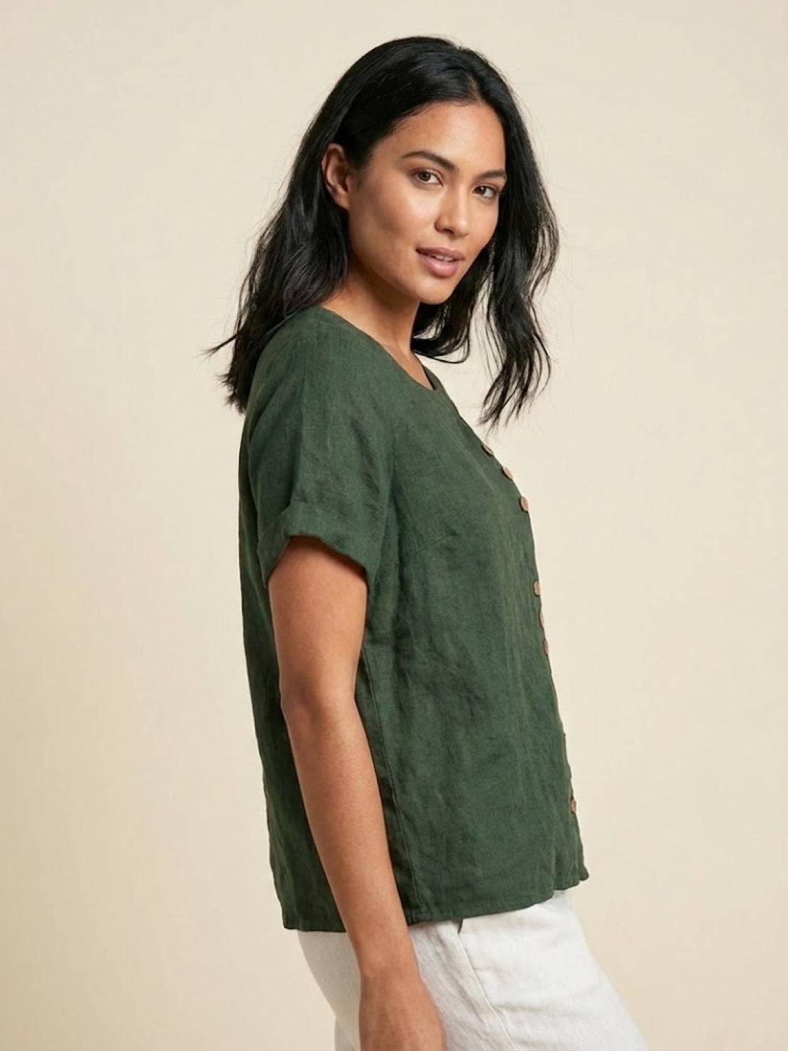 Olive Scoop-Neck Tee | Women's Short-Sleeve Button Top