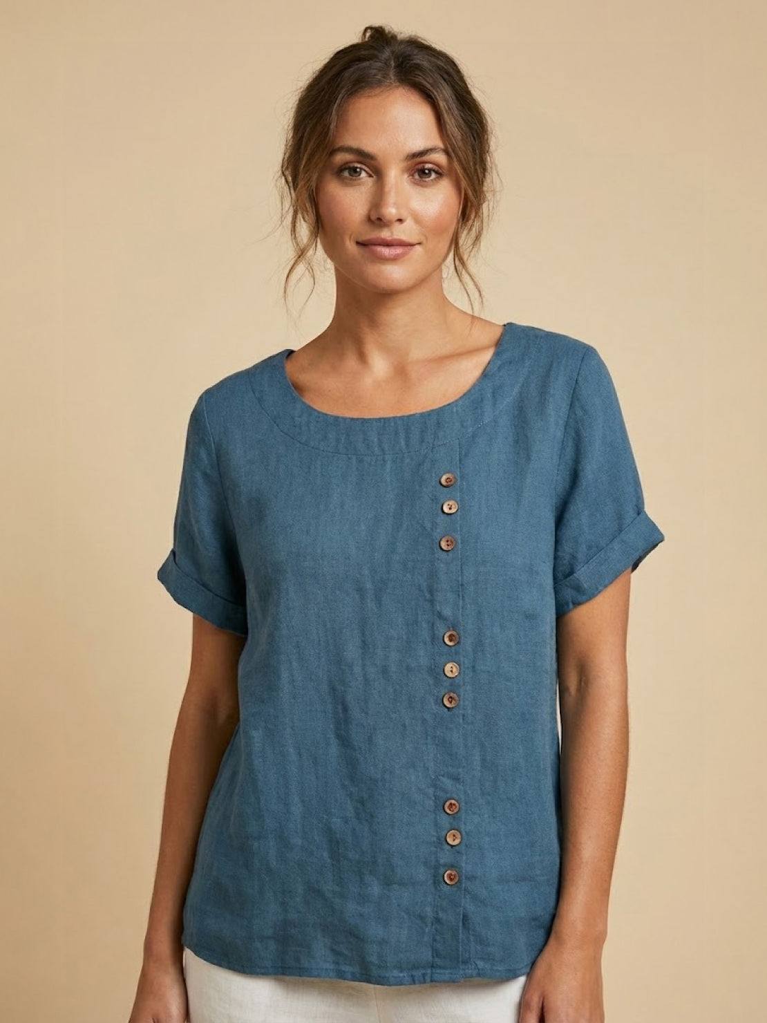 Olive Scoop-Neck Tee | Women's Short-Sleeve Button Top