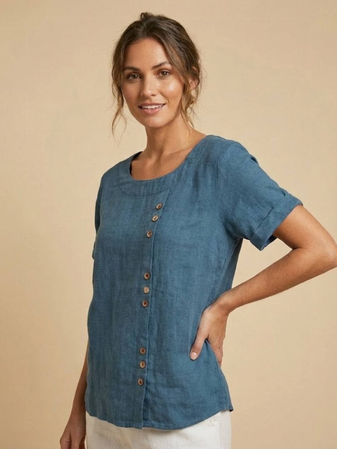 Olive Scoop-Neck Tee | Women's Short-Sleeve Button Top