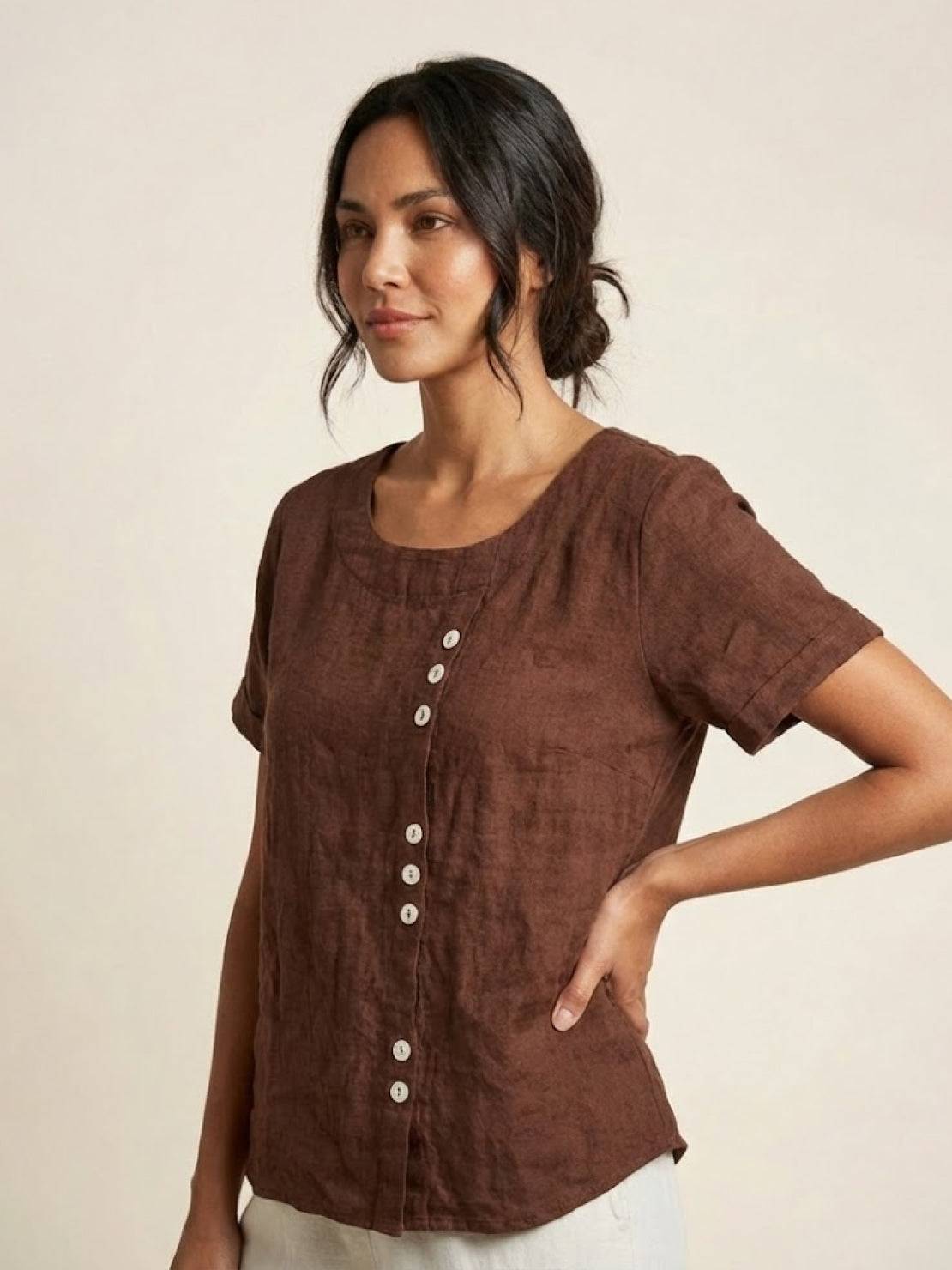 Olive Scoop-Neck Tee | Women's Short-Sleeve Button Top