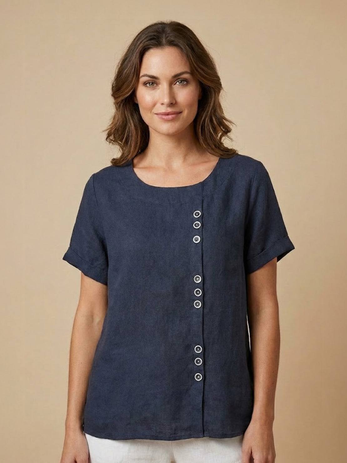 Olive Scoop-Neck Tee | Women's Short-Sleeve Button Top