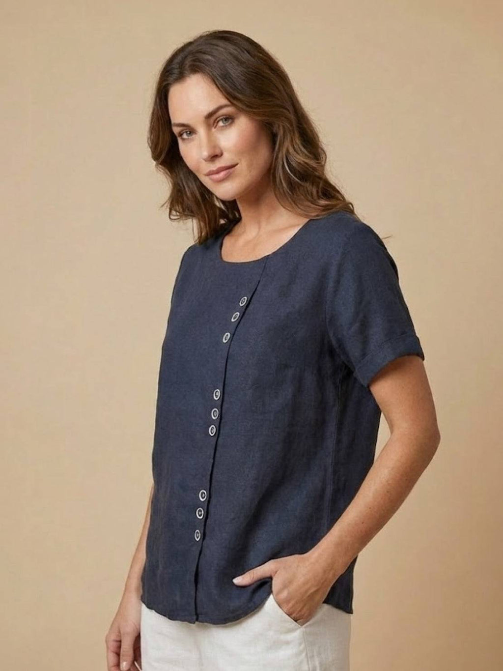 Olive Scoop-Neck Tee | Women's Short-Sleeve Button Top
