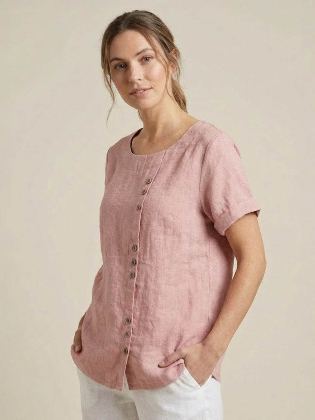 Olive Scoop-Neck Tee | Women's Short-Sleeve Button Top