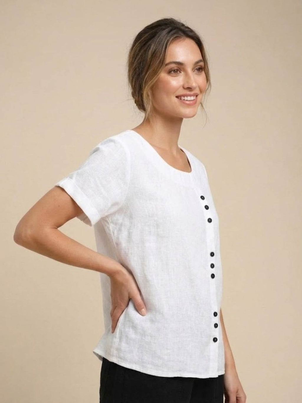 Olive Scoop-Neck Tee | Women's Short-Sleeve Button Top