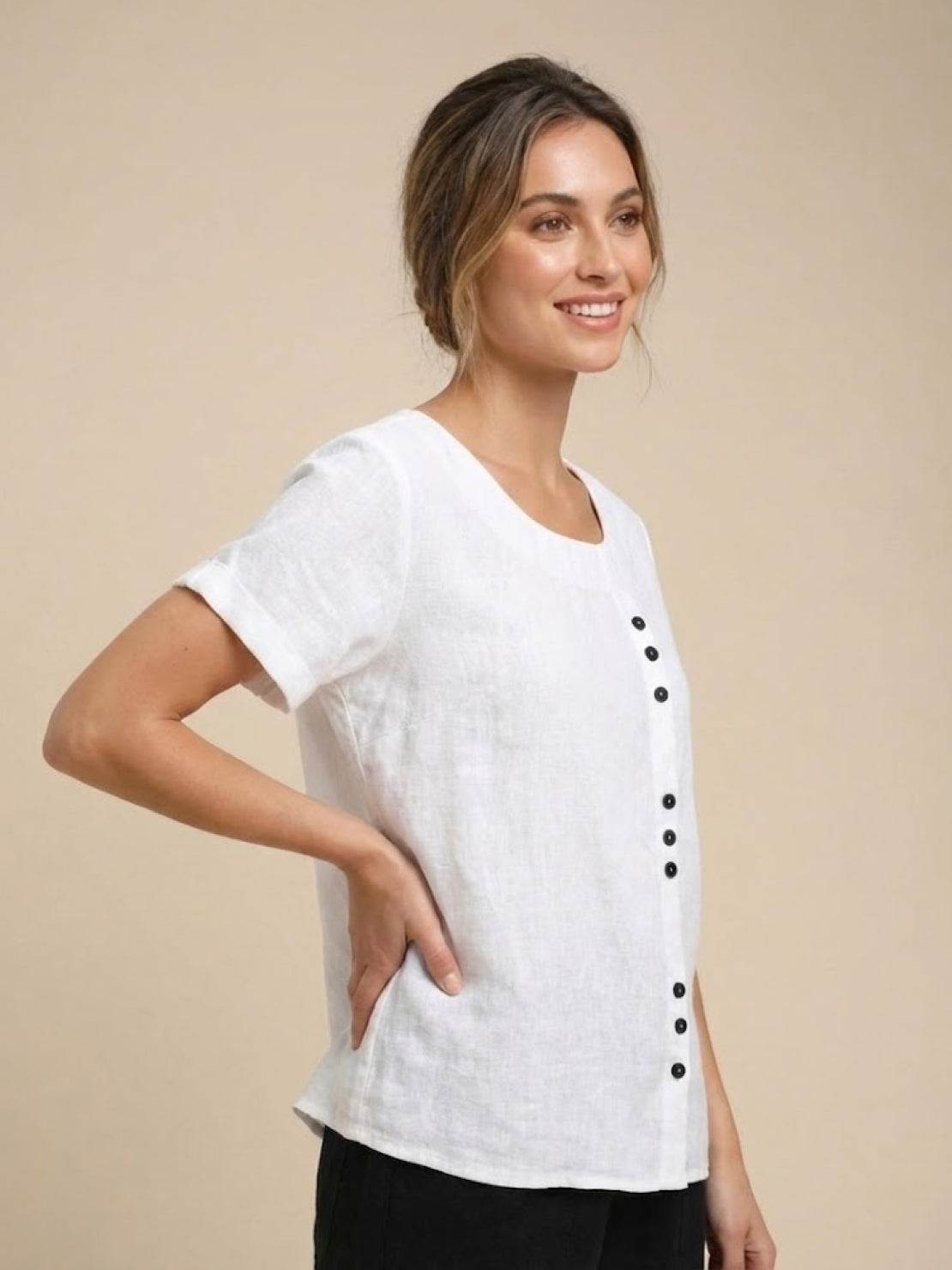Olive Scoop-Neck Tee | Women's Short-Sleeve Button Top