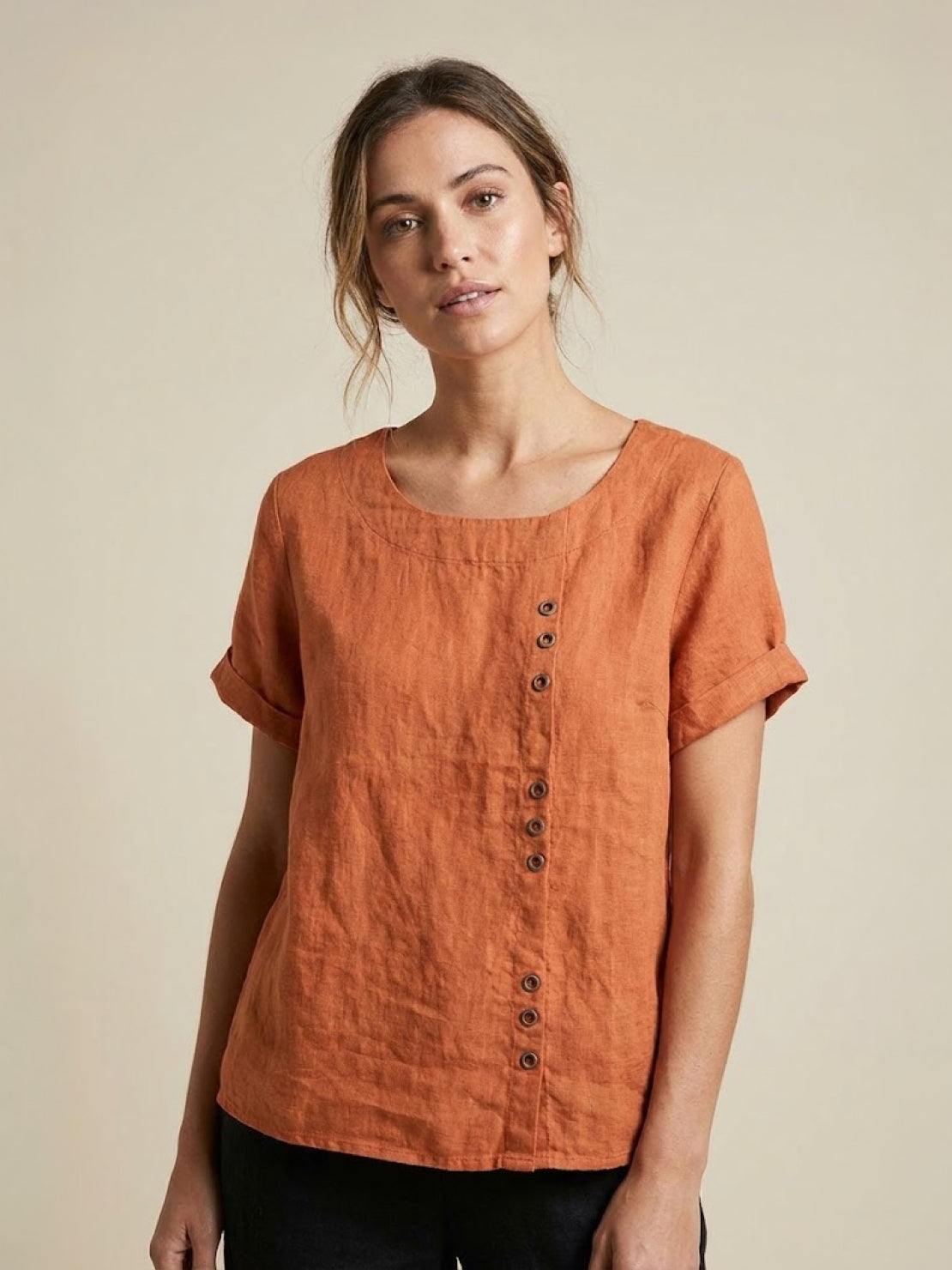 Olive Scoop-Neck Tee | Women's Short-Sleeve Button Top