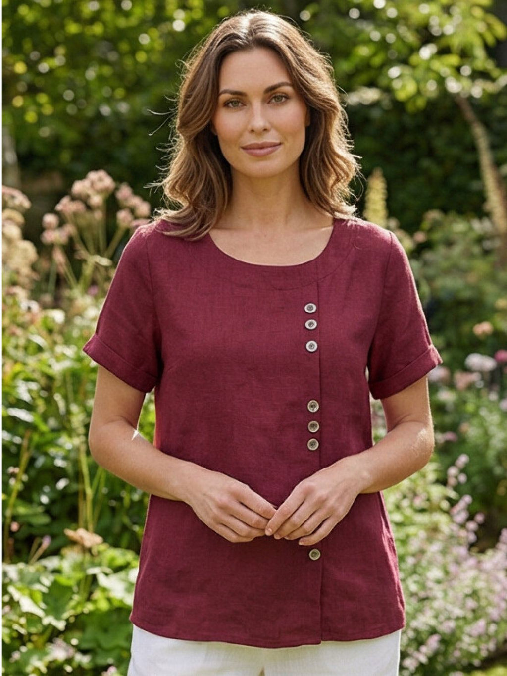 Olive Scoop-Neck Tee | Women's Short-Sleeve Button Top