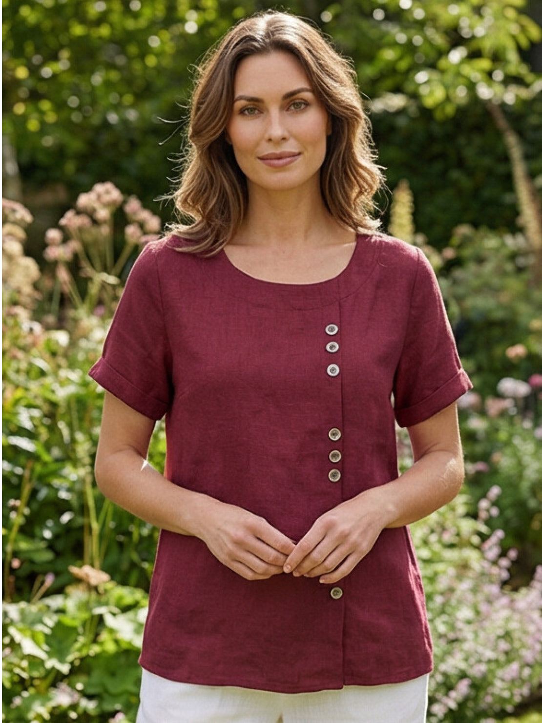 Olive Scoop-Neck Tee | Women's Short-Sleeve Button Top