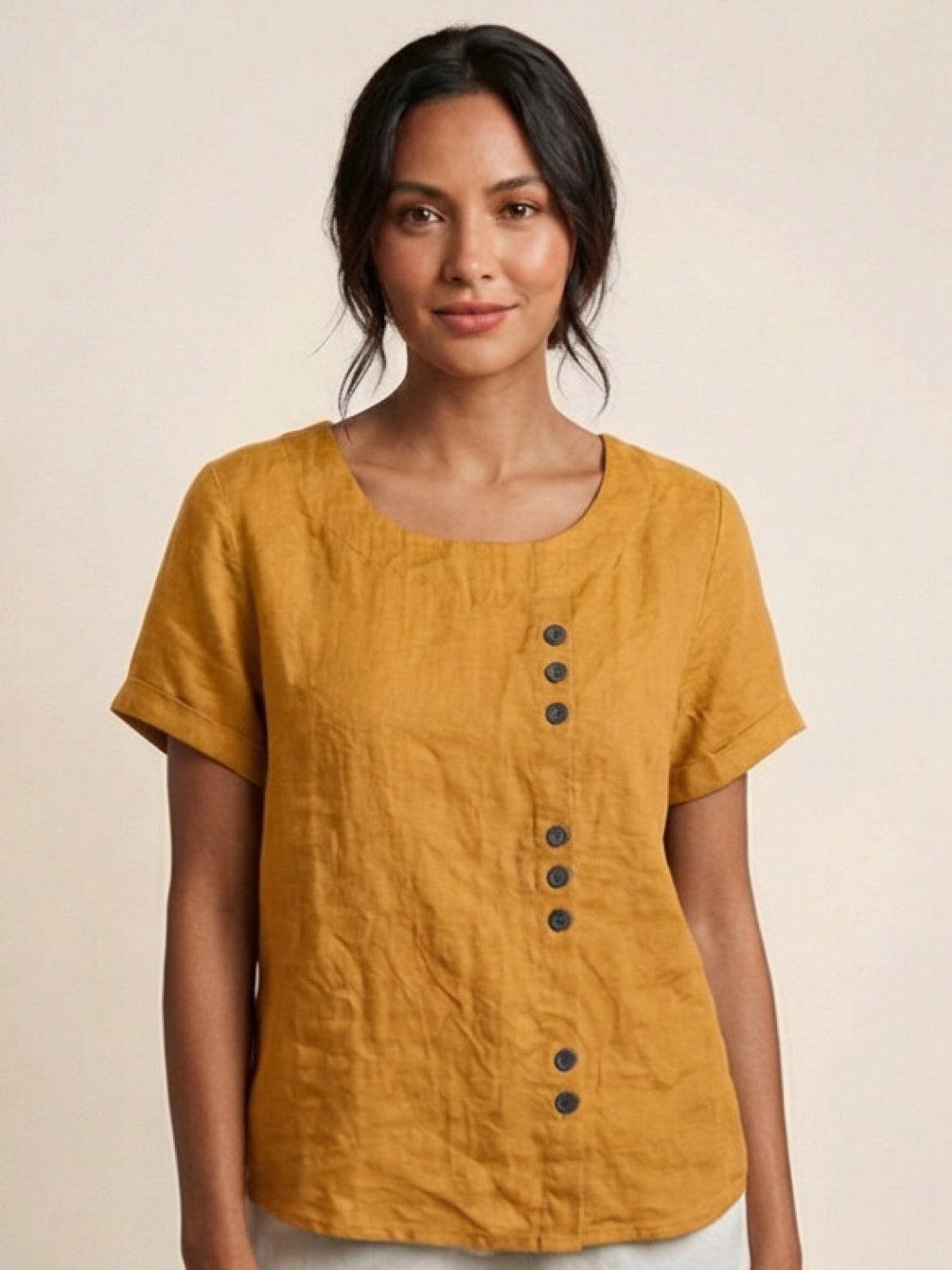 Olive Scoop-Neck Tee | Women's Short-Sleeve Button Top