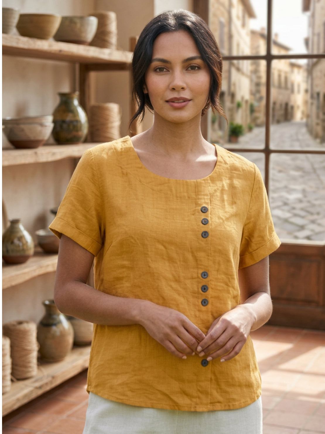 Olive Scoop-Neck Tee | Women's Short-Sleeve Button Top