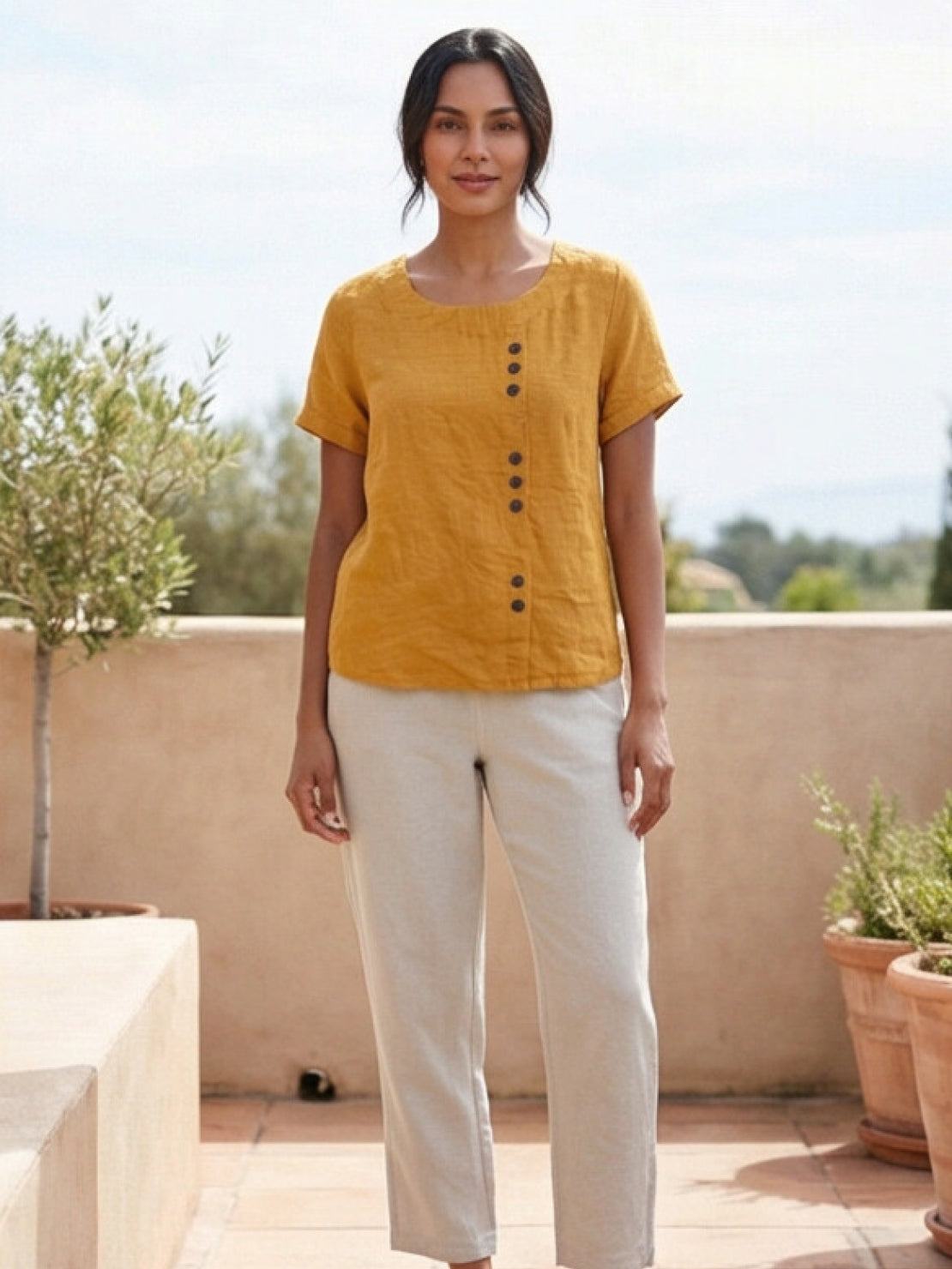 Olive Scoop-Neck Tee | Women's Short-Sleeve Button Top