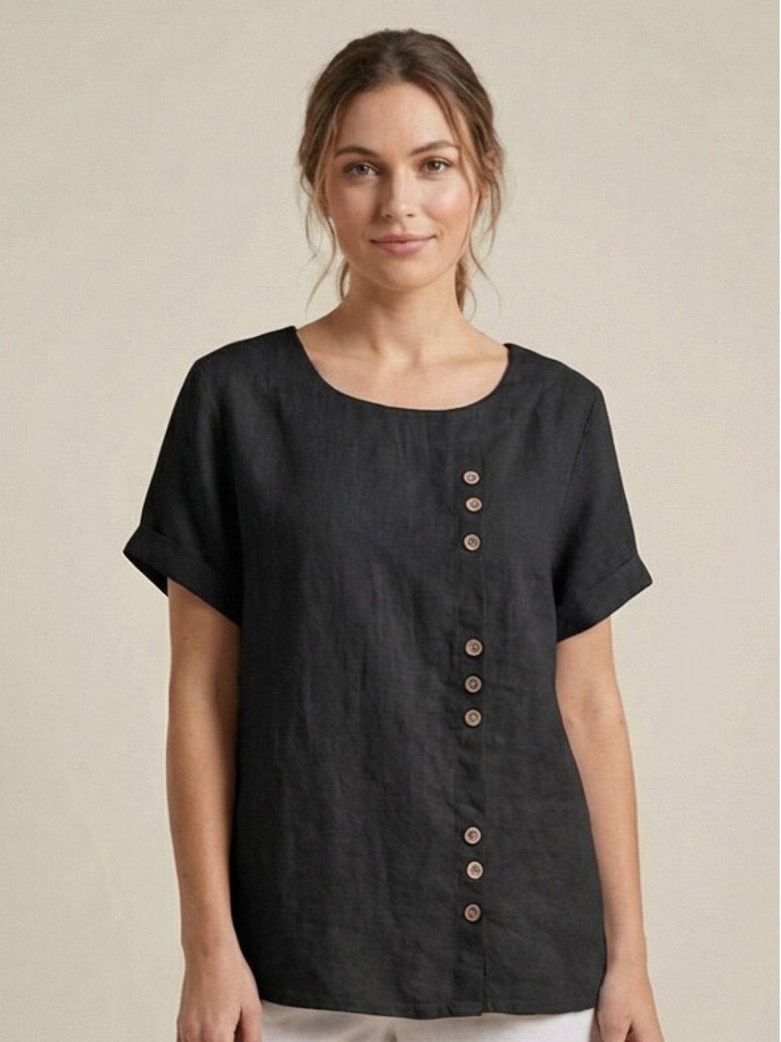 Olive Scoop-Neck Tee | Women's Short-Sleeve Button Top