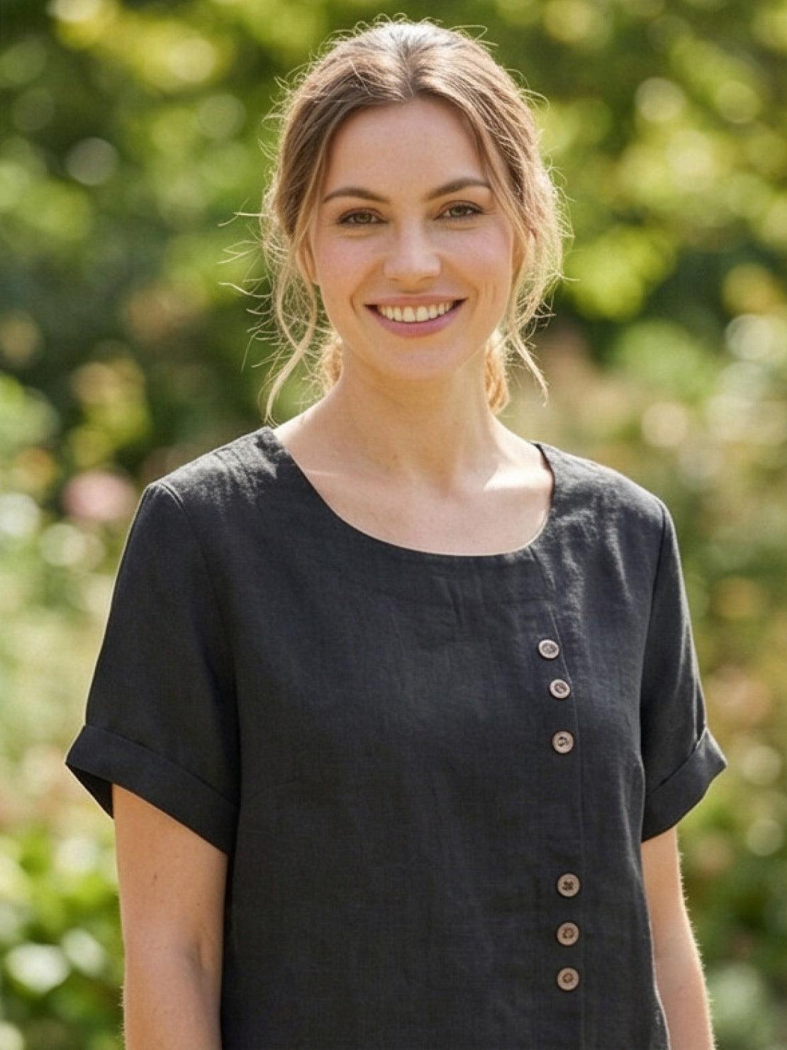 Olive Scoop-Neck Tee | Women's Short-Sleeve Button Top