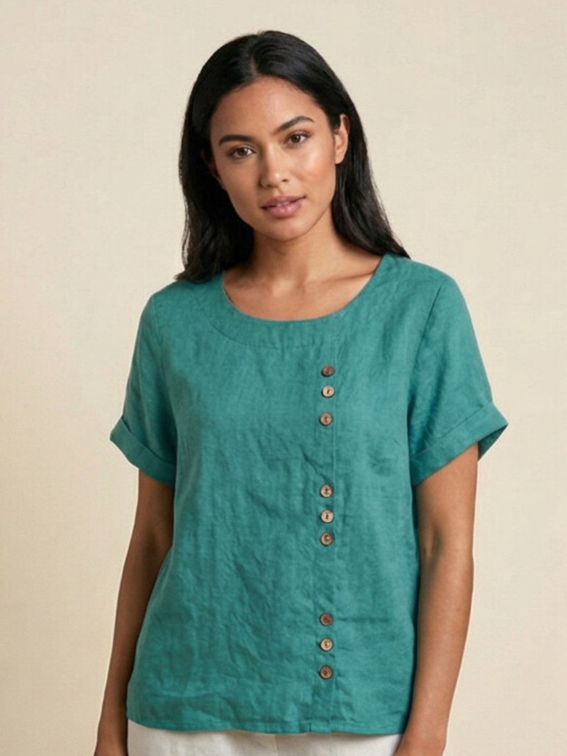 Olive Scoop-Neck Tee | Women's Short-Sleeve Button Top