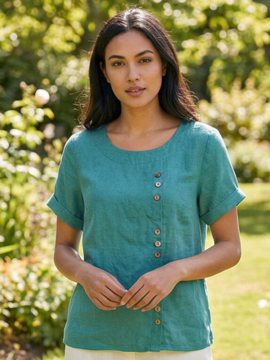 Olive Scoop-Neck Tee | Women's Short-Sleeve Button Top