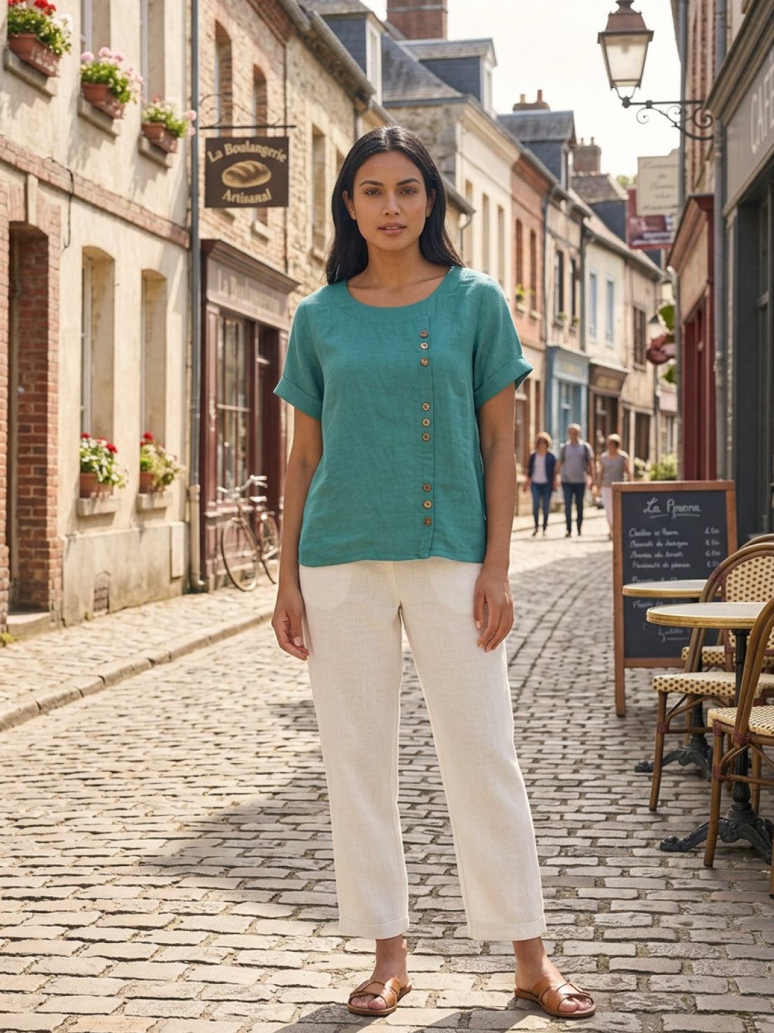 Olive Scoop-Neck Tee | Women's Short-Sleeve Button Top