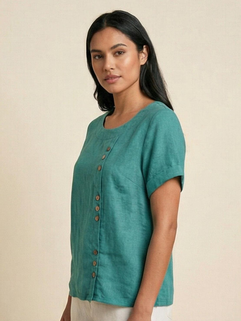 Olive Scoop-Neck Tee | Women's Short-Sleeve Button Top