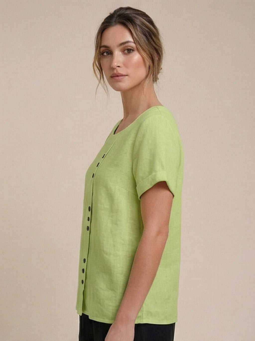 Olive Scoop-Neck Tee | Women's Short-Sleeve Button Top