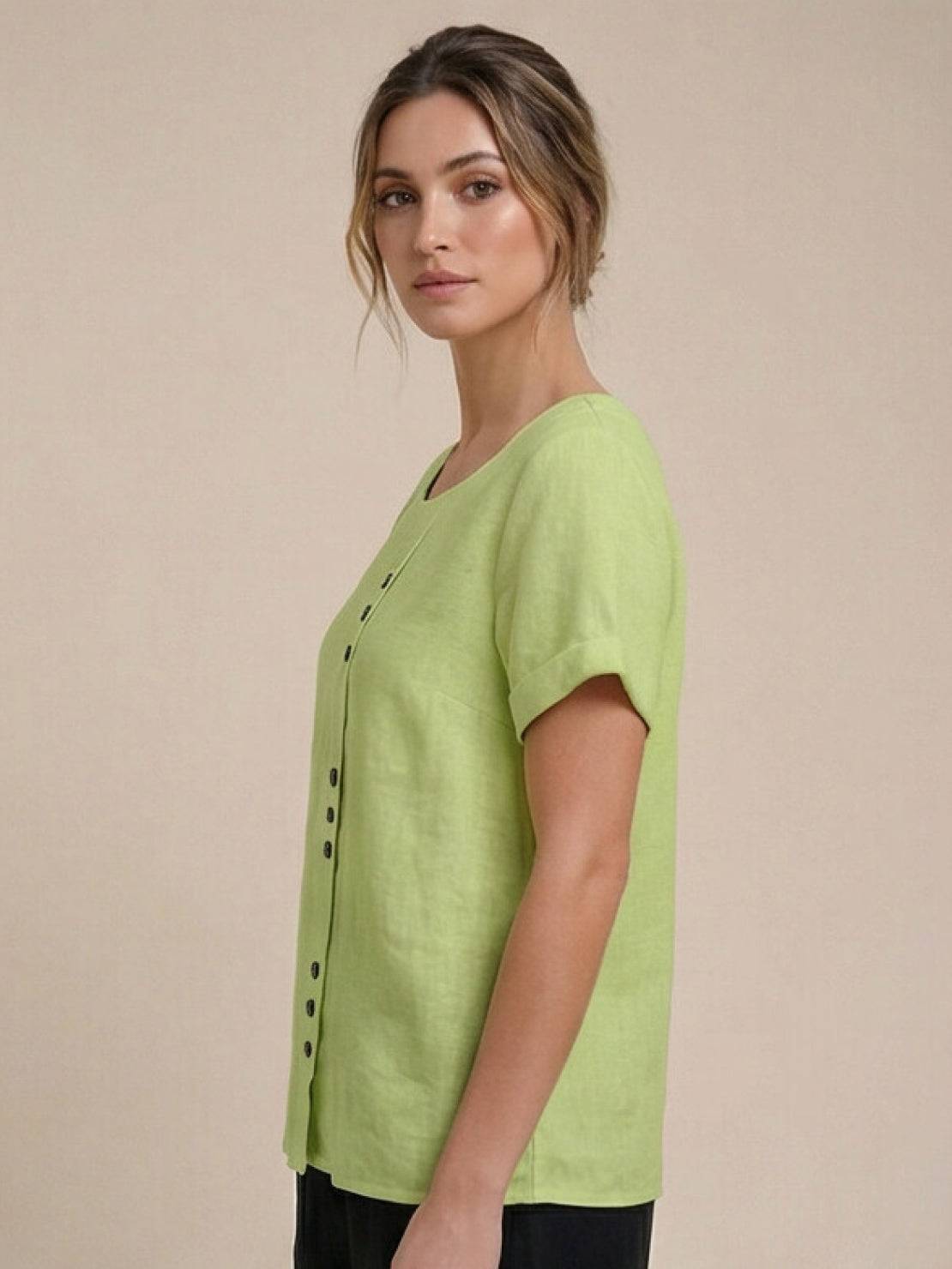 Olive Scoop-Neck Tee | Women's Short-Sleeve Button Top