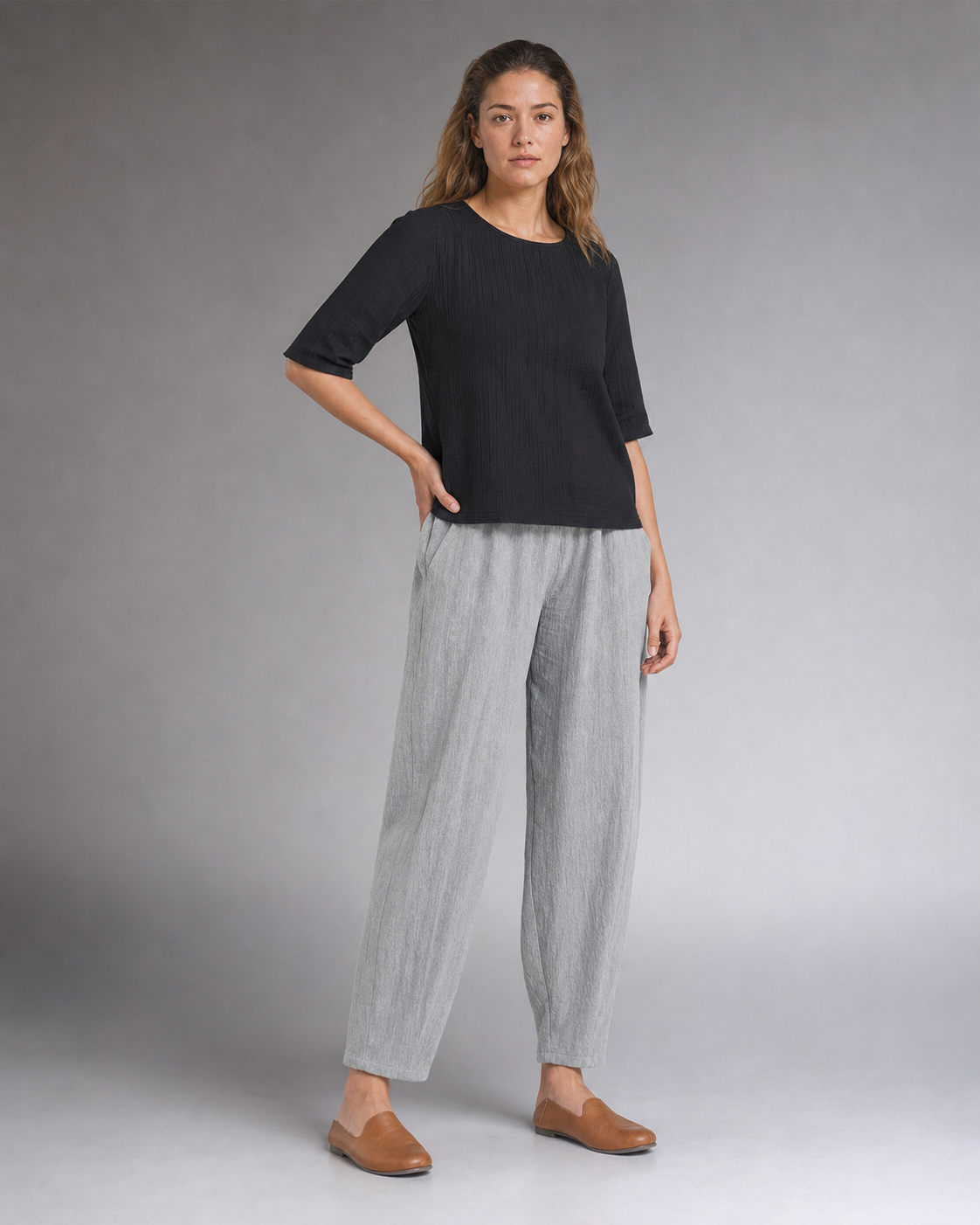 Desiree Relaxed Barrel Pants | Women's Lightweight Summer Trousers — Gray — threequarter