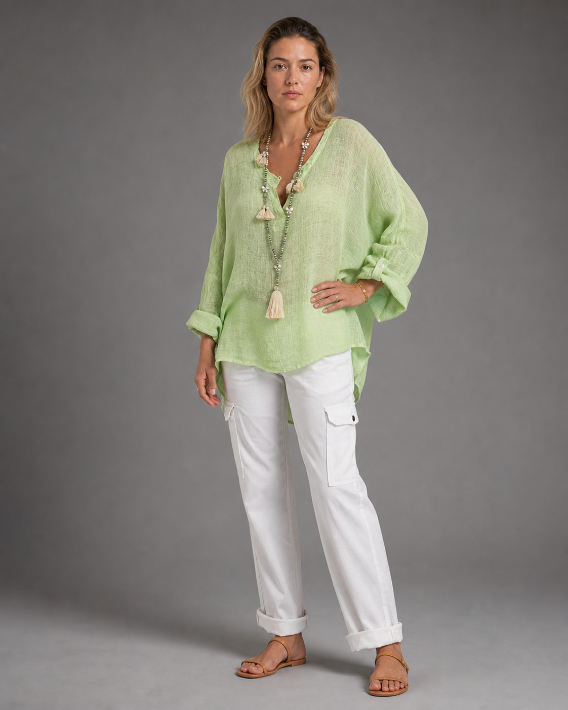 Criza Oversized Shirt | Women's Lightweight Relaxed Blouse — Green — threequarter