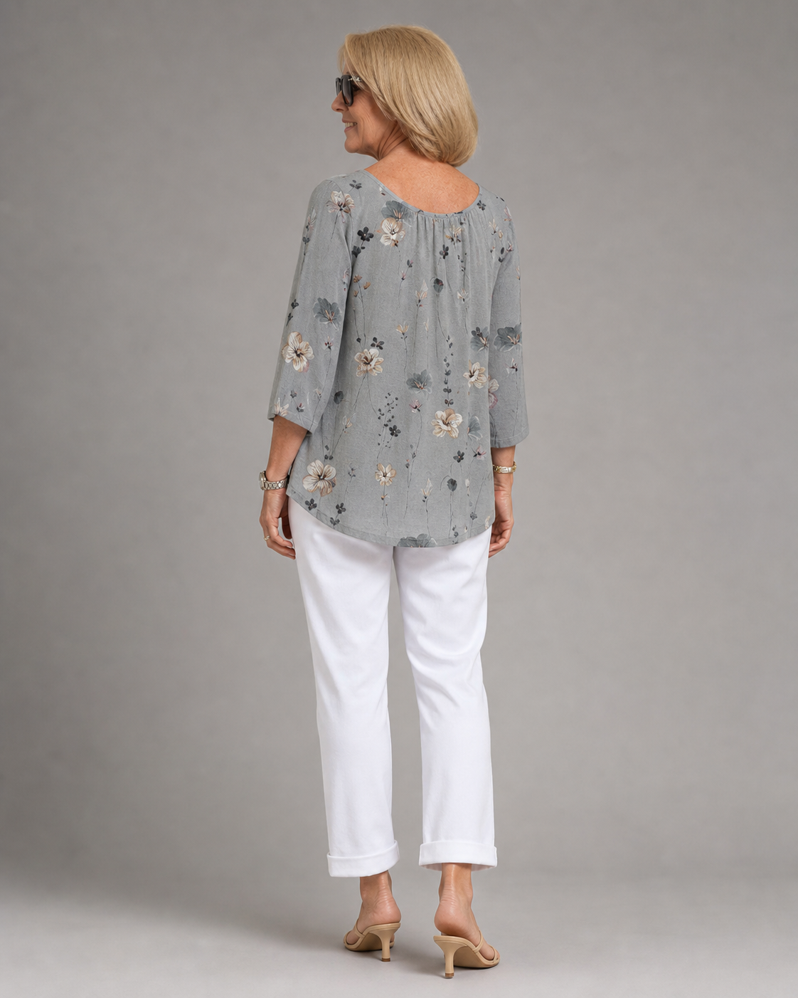 Sherry Floral Blouse | Women's V-Neck Relaxed Top — Grey — back