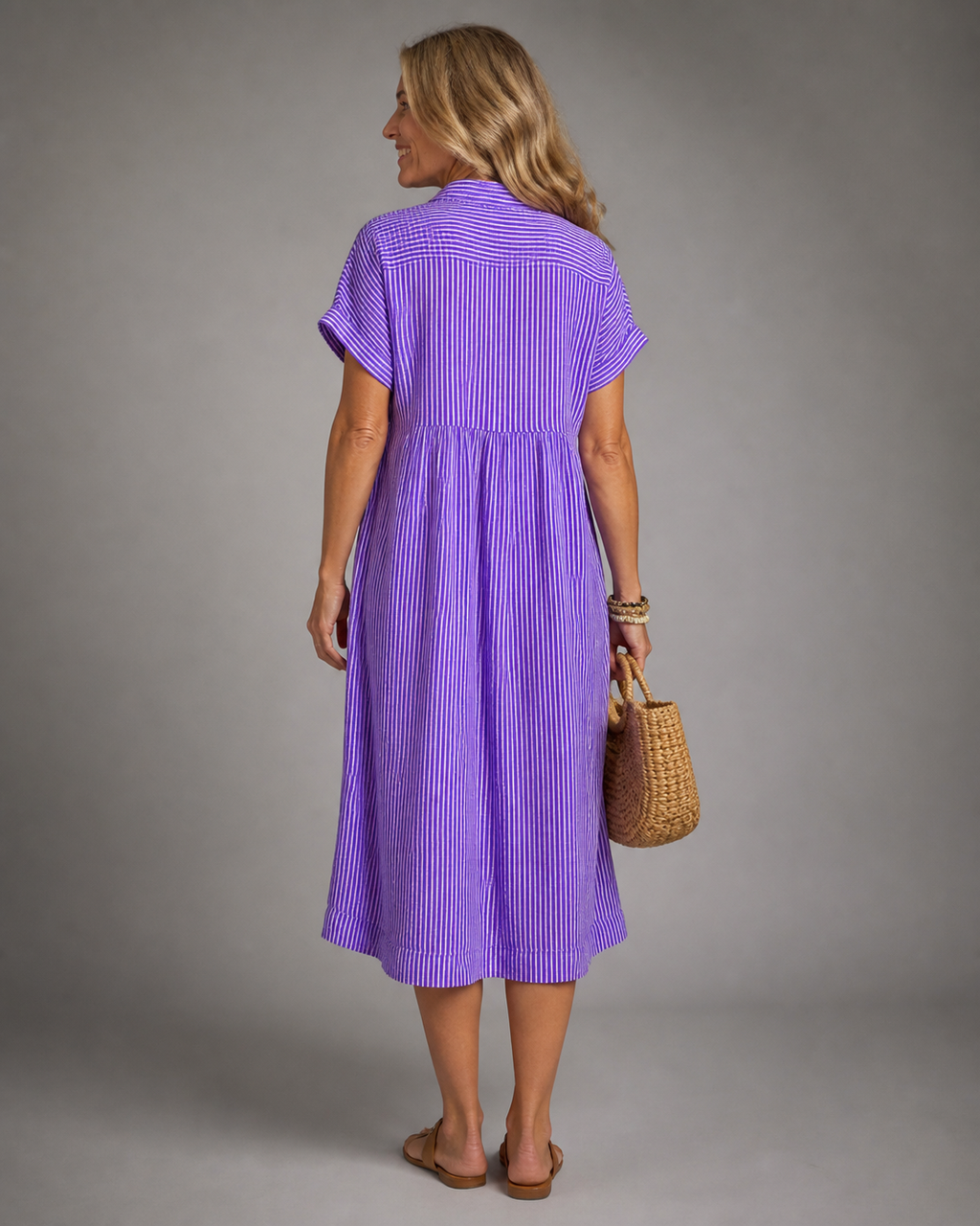 Corinne Striped Shirt | Women's Relaxed Button-Up Top — Purple — back