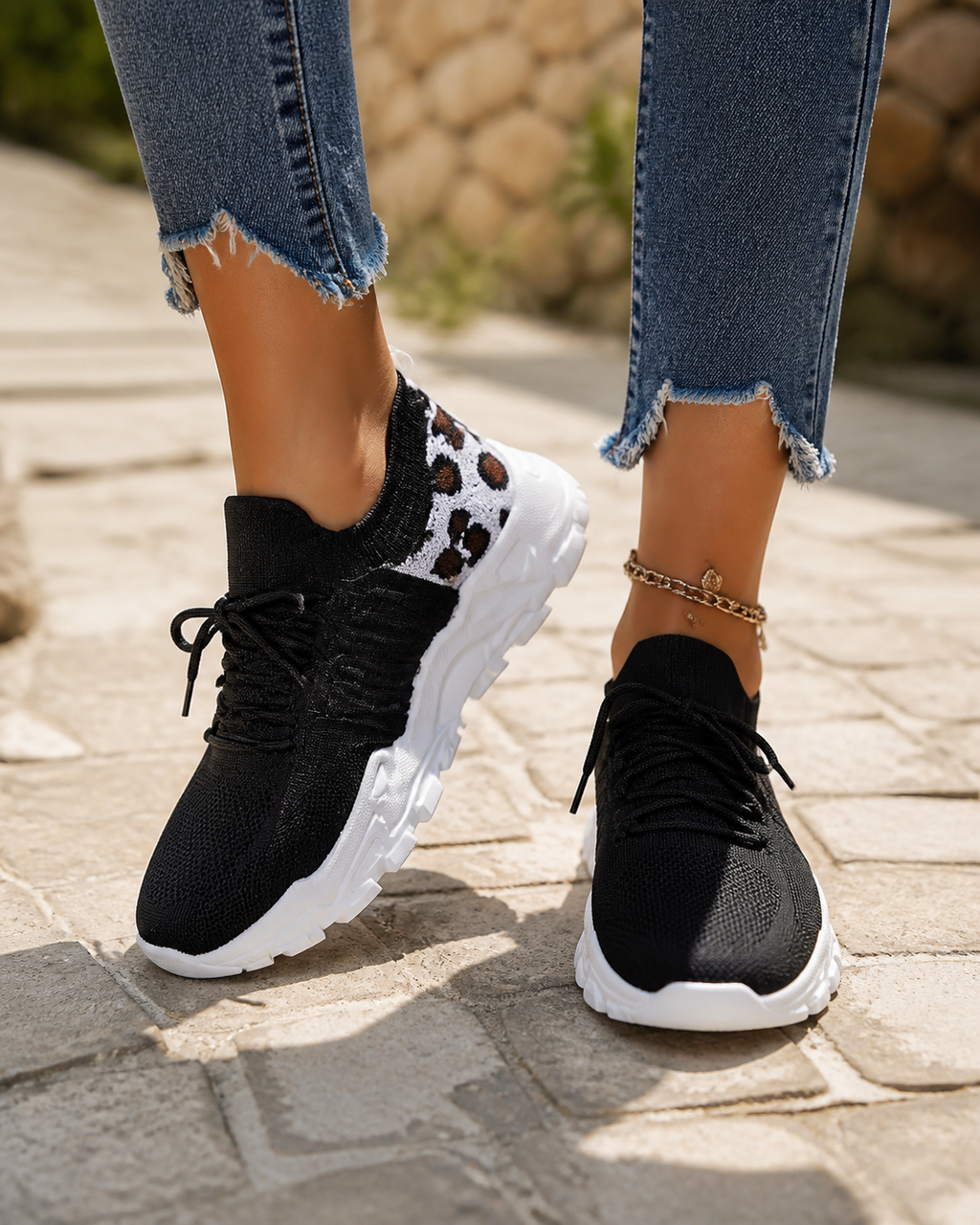 Aura Chunky-Sole Knit Trainers | Women's Lace-Up Mesh Sneakers — Black/White — onfoot
